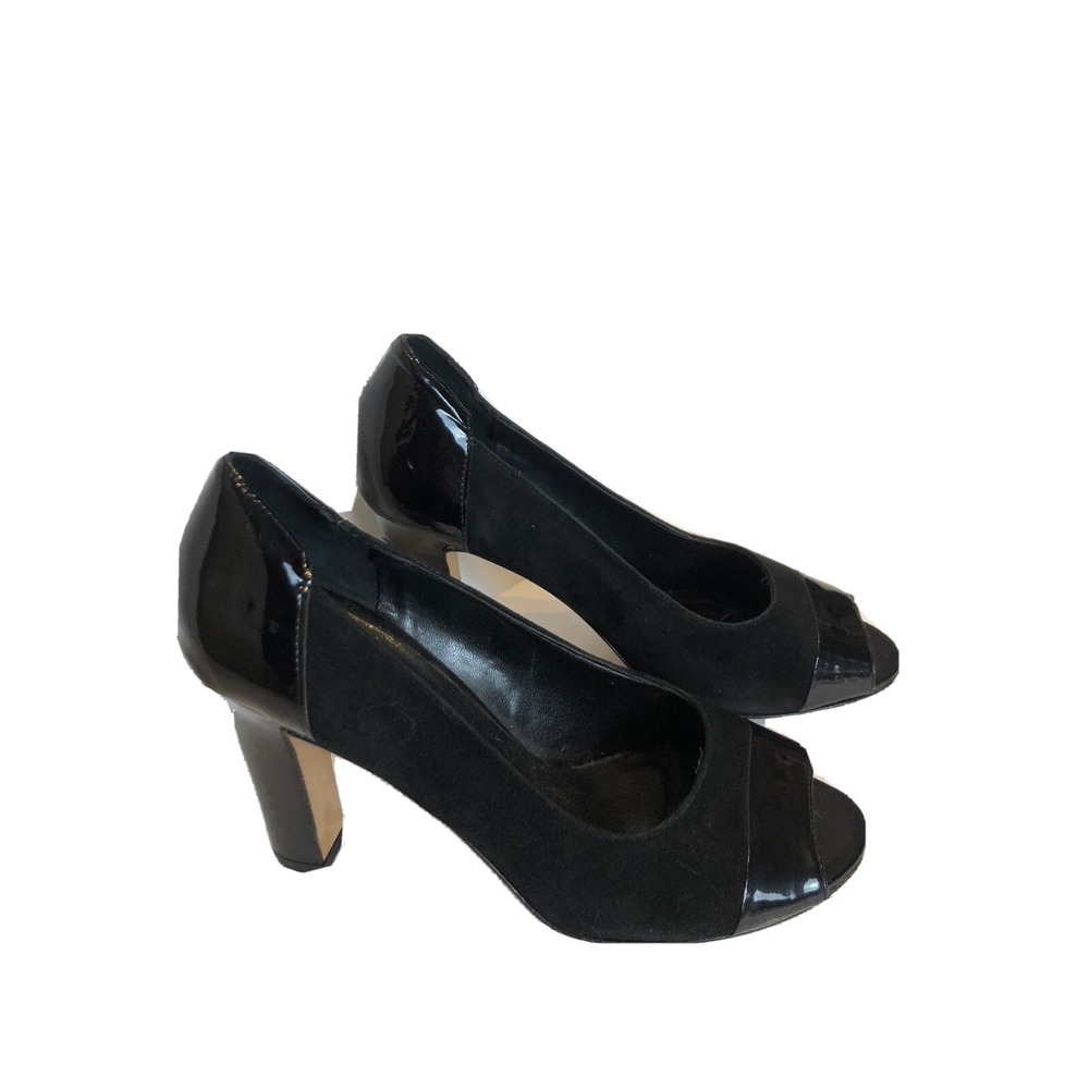 Anne Klein Black Leather Peep Toe 4" Heels Women's Size‎ 9M